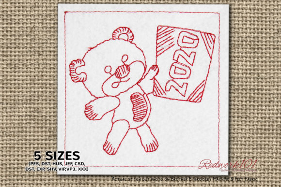 Teddy Bear New Year Card Redwork Review